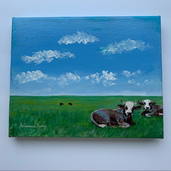 Original cows in pasture painting size 8”x10” handmade gloss varnished farm SOLD - Picture 5 of 10